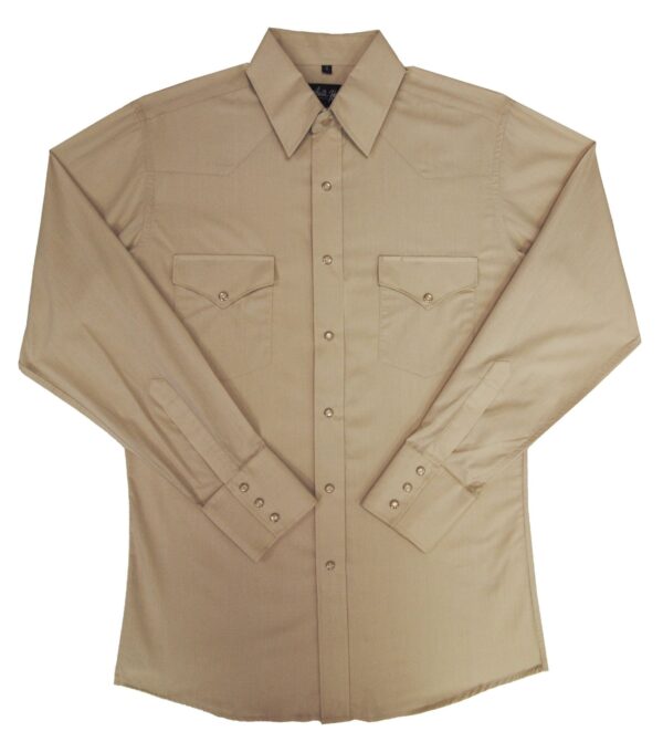 A Men's Pearl Snap Stone Tan Western Shirt on a white background.