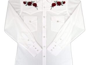 A Mens Red 'Texas Rose' White Western Shirt with red roses on it.
