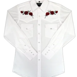 mens red rose embroidered white western shirt