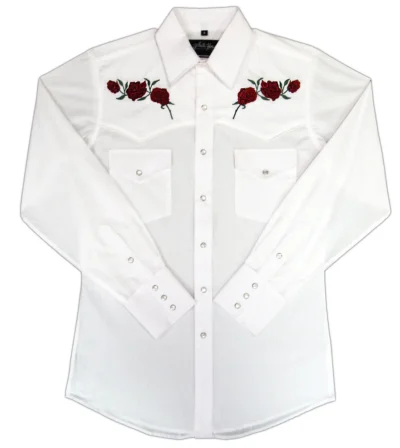 mens red rose embroidered white western shirt