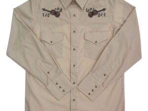 A Mens Pearl Snap Western Guitar Embroidered Shirt with a guitar embroidered on it.