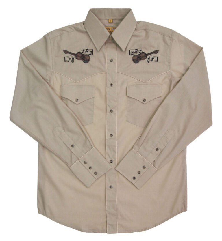 A Mens Pearl Snap Western Guitar Embroidered Shirt with a guitar embroidered on it.