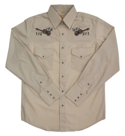 mens guitar embroidered tan western shirt