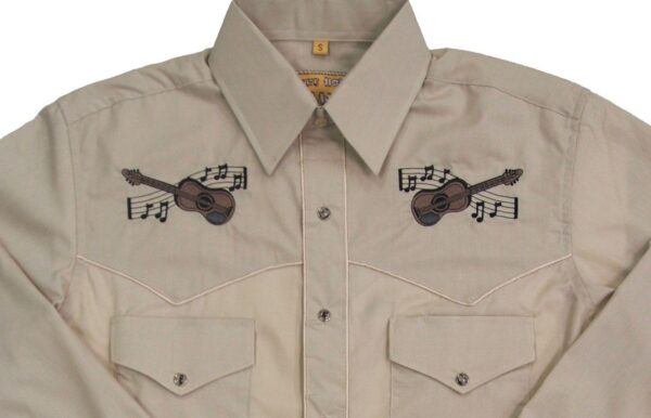 A Men's Pearl Snap Western Guitar Embroidered Shirt with music notes on it.