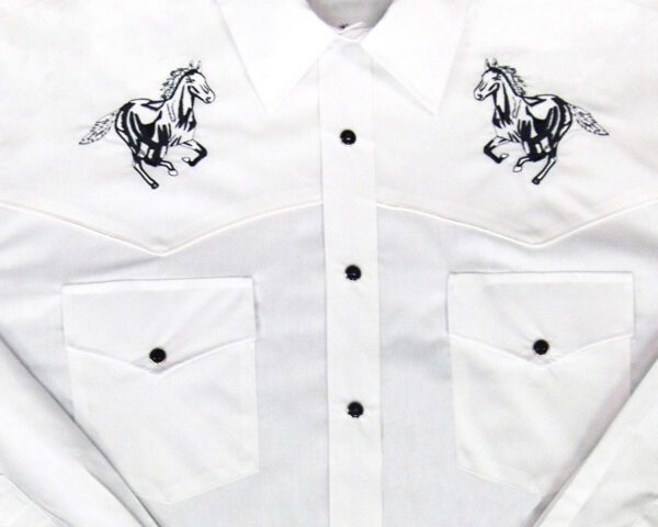 A white western shirt with a horse embroidered on it.