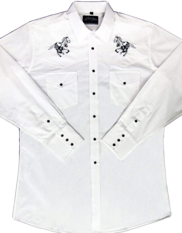 A Mens "Black Horse" White western shirt with embroidered horses on it.