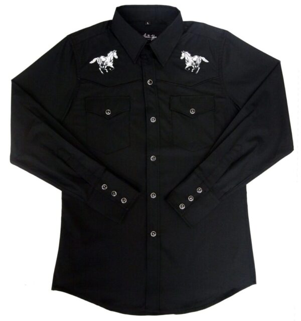 A Mens "White Horse" Black western shirt with horses on the sleeves.