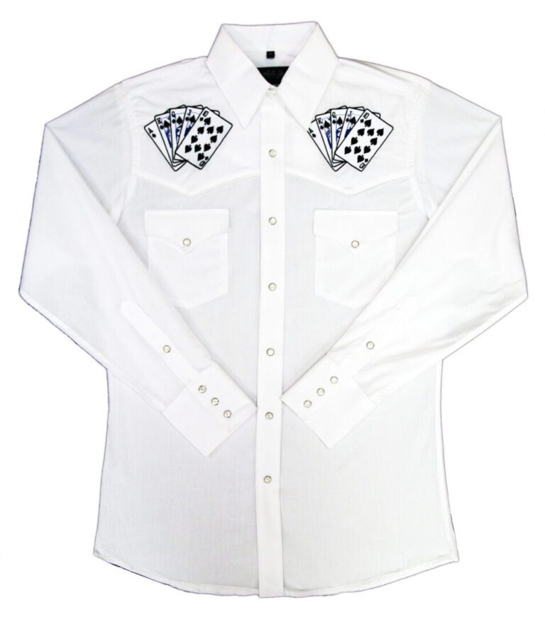A Men's "Royal Flush" White western shirt with playing cards on it.