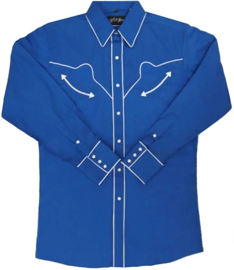 A Men's SB Royal blue white piped western shirt with white stitching.