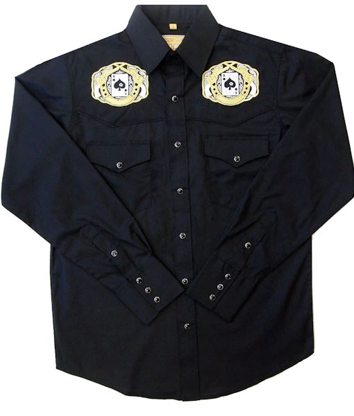 A Mens "Pistols and Spades" Black western shirt with gold embroidered patches.