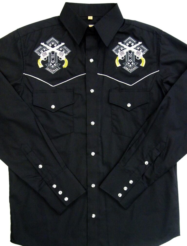 A Studded Cross and Pistols Mens Black western shirt with an embroidered design.