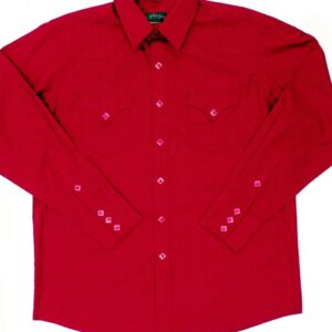 A Mens Diamond Pearl Snap Red Western Shirt on a white background.