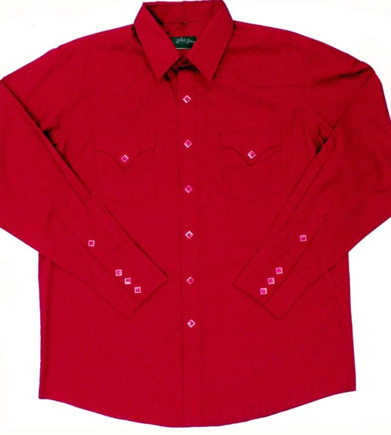 A Mens Diamond Pearl Snap Red Western Shirt on a white background.