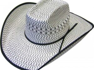 A 500X 8 Second Two-Tone Shantung Black White Straw cowboy hat on a white background.