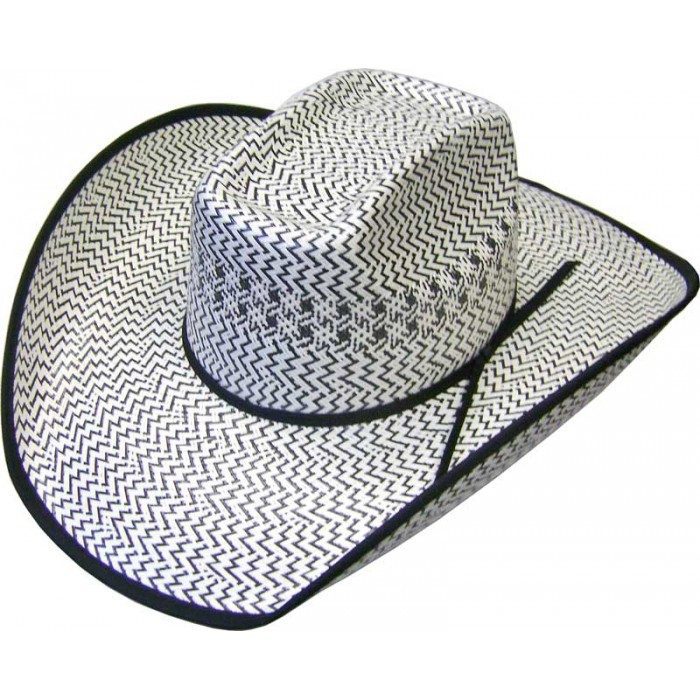 A 500X 8 Second Two-Tone Shantung Black White Straw cowboy hat on a white background.