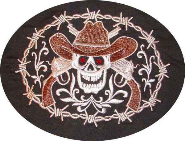 A skull with a cowboy hat and barbed wire is embroidered on a Mens "Ghost Lawmaker" Black skull western shirt.