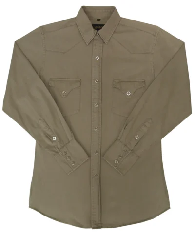 Mens Pearl snap SAGE COTTON CANVAS retro Western shirt <ul style="list-style: square inside none;"> <li>100% Cotton Canvas</li> <li>PRE-SHRUNK</li> <li>Diamond pearl snaps</li> <li>Size: SM -4XL</li> </ul> •