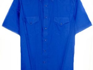 A men's Mens Short sleeve Royal Blue western shirt with black buttons.