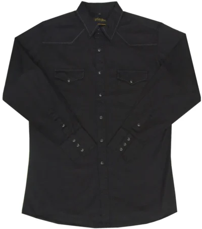 Mens Pearl snap BLACK COTTON CANVAS Western shirt <ul style="list-style: square inside none;"> <li>100% Cotton Canvas</li> <li>PRE-SHRUNK</li> <li>Stitch collar, yoke accents</li> <li>Size: SM -2XL</li> </ul> •