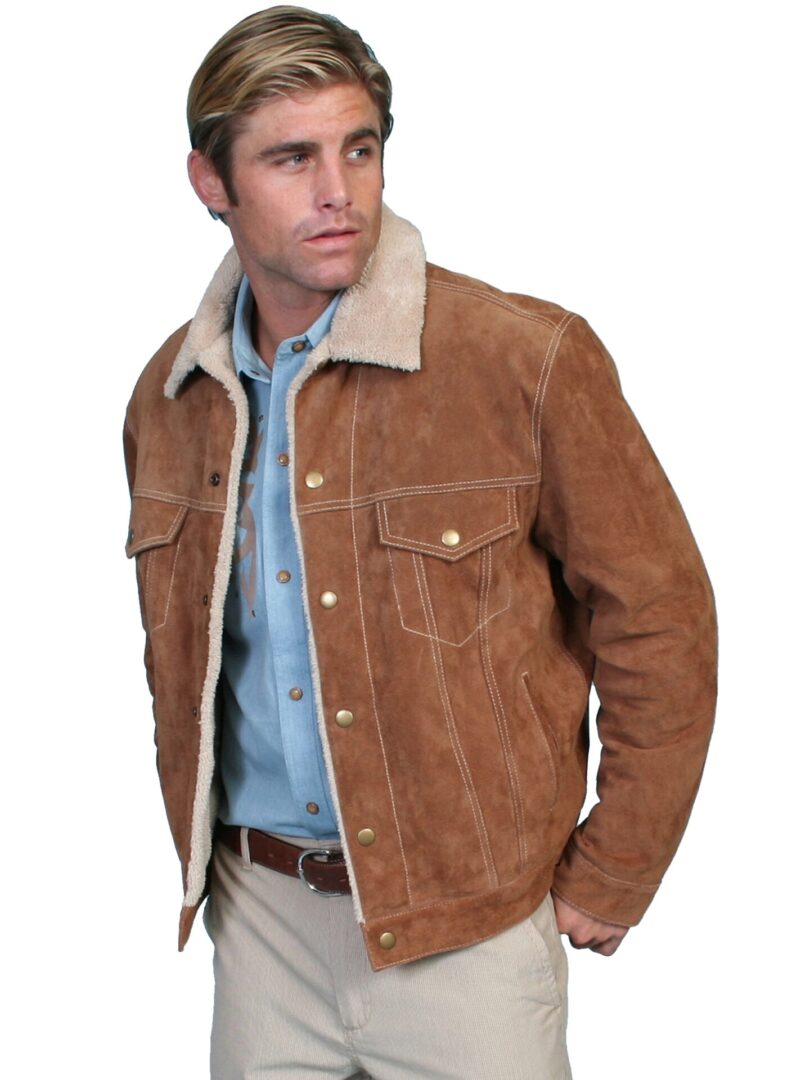 A man wearing a Scully Mens Tan Suede Fur Collar Western Jacket.