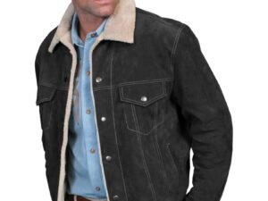 A man wearing a Scully Mens Black Suede Fur Collar Western Jacket.