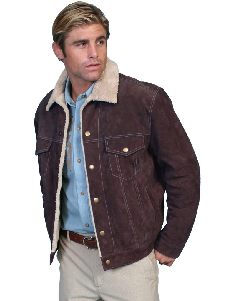 A man wearing a Scully Mens Choc Brown Suede Fur Collar Western Jacket.