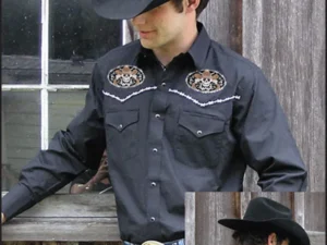 mens skull cross bones western embroidered black cowboy shirt for men