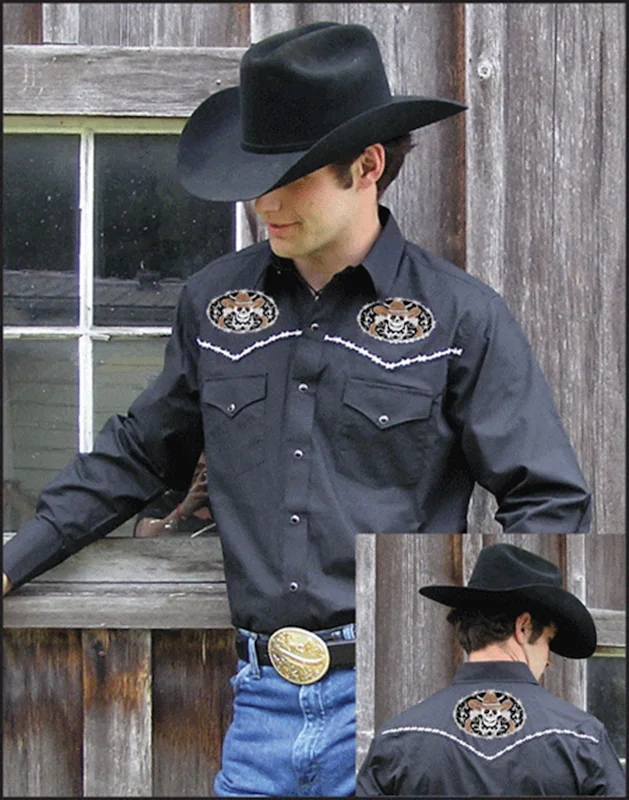 mens skull cross bones western embroidered black cowboy shirt for men