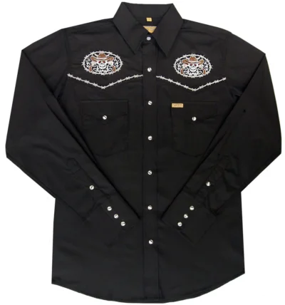 mens skull cross bones western embroidered black cowboy shirt for men