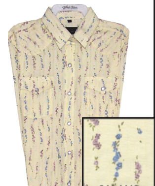 A CHILD purple and blue floral western shirt with yellow and purple flowers on it.