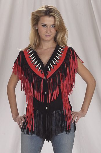 Ladies Red leather fringe native style vest Product Image