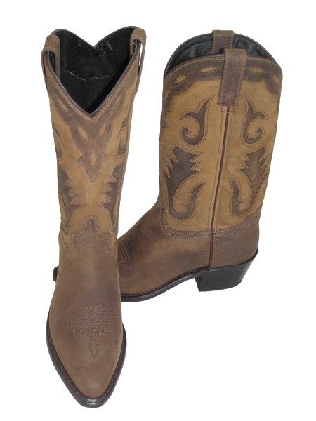 A pair of Distress Brown leather inlay womens cowboy boots - USA made on a white background.