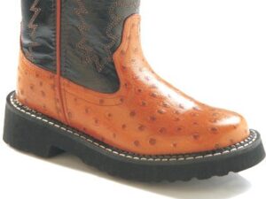 Children's SIZE 9-Child ostrich print leather tubbie boots, orange, hi-res.