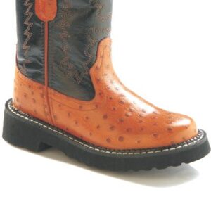 Children's SIZE 9-Child ostrich print leather tubbie boots, orange, hi-res.