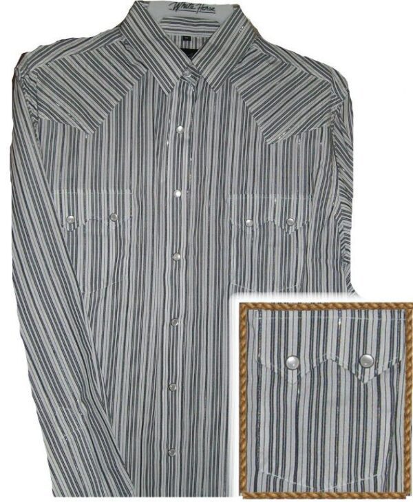 A women's black striped pearl snap silver lurex western shirt.