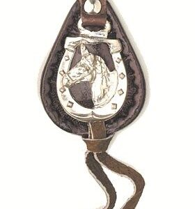 A horse head leather western key chain with a horseshoe on it.