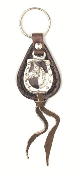 A horse head leather western key chain with a horseshoe on it.