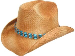 A Metallic Turquoise Beaded Tea Stained cowboy hat with turquoise beads.