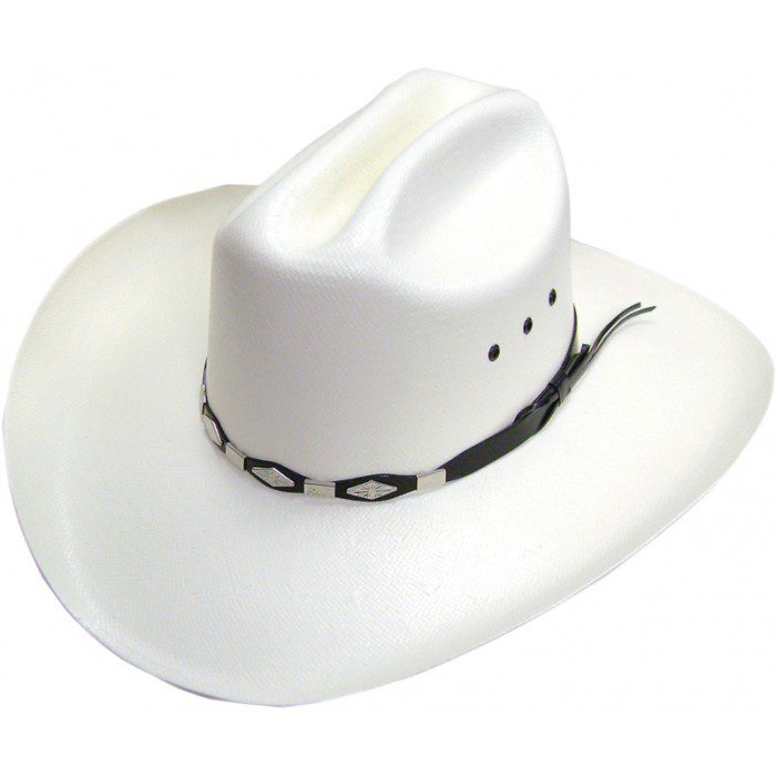 A "Shantung Rider" Black Band 100X Straw Cattleman Cowboy Hat on a white background.