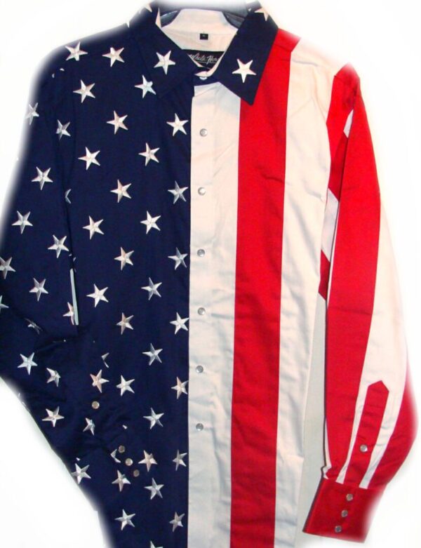 A Ladies Red White, Blue American Flag pearl snap western shirt with an american flag on it.