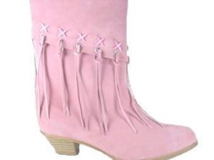 A pair of pink boots with fringes on them.