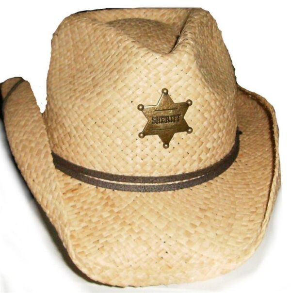 A "Sheriff" Bailey Hats Kids Straw cowboy hat with a star on it.
