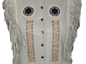 Ladies Bone Beaded Off White Leather Fringe Western Vest