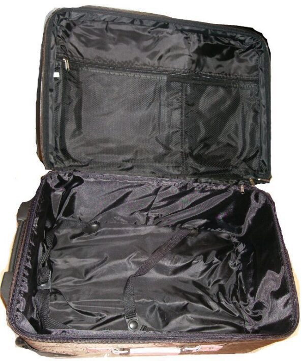 The 19" Black & brown croc print leather rolling carry on luggage is open on a white surface.