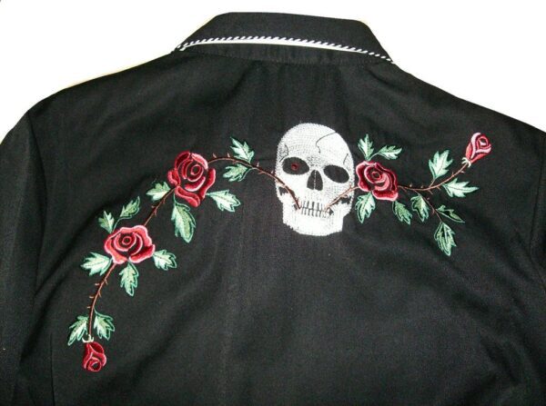 A "Skull & Roses" Scully Womens Black Western Shirt with a skull and roses embroidered on it.