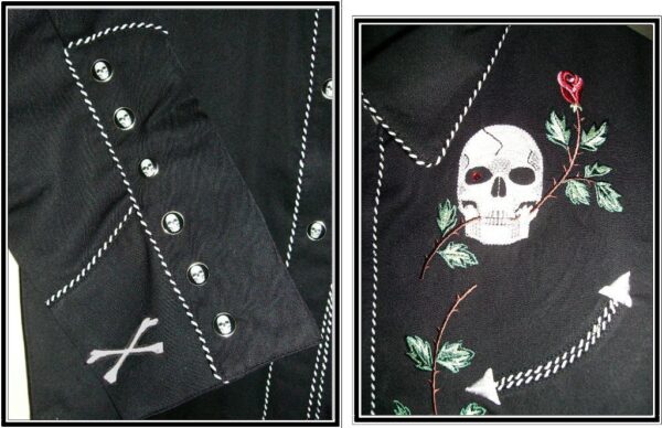 A "Skull & Roses" Scully Womens Black Western Shirt with a skull and rose embroidered on it.
