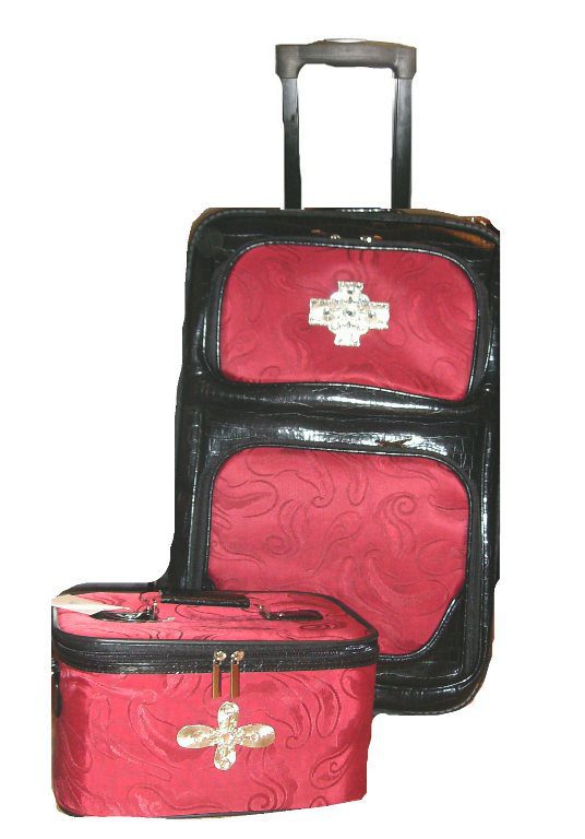 Red and black croc print leather rolling luggage set