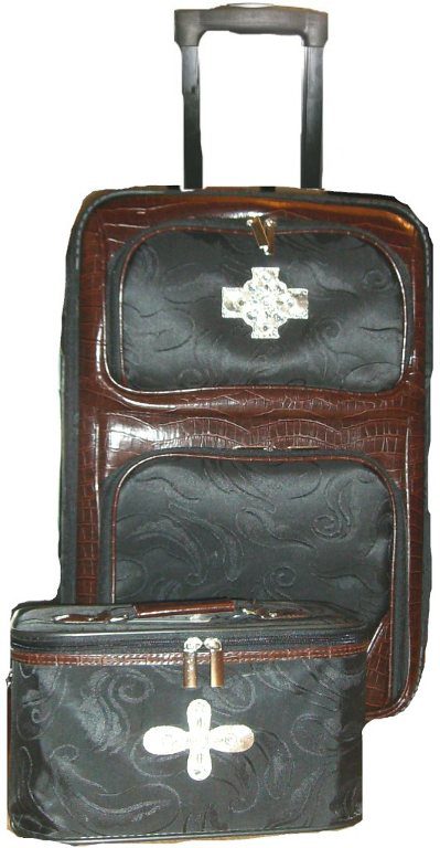Black and brown croc print leather rolling luggage set