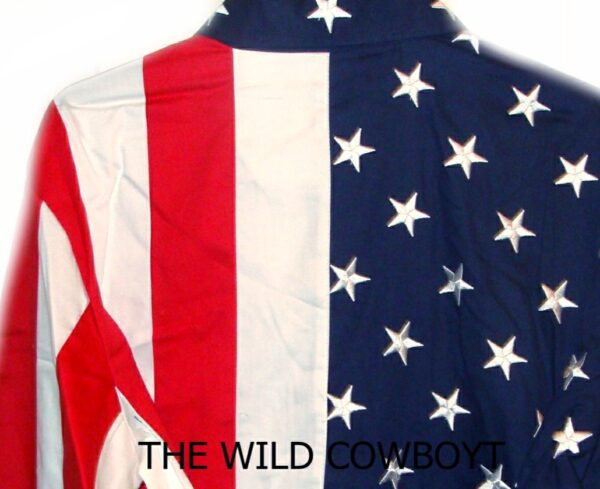 The wild cowboy - Ladies Red White, Blue American Flag pearl snap western shirt.
