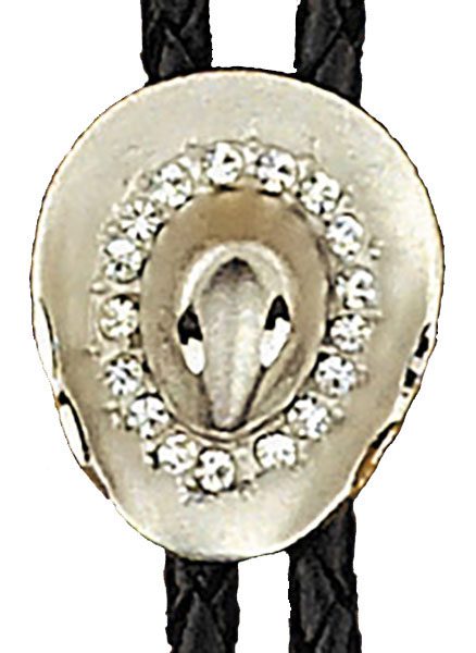 A Silver Rhinestone Cowboy Hat Bolo Tie with diamonds on a black cord.